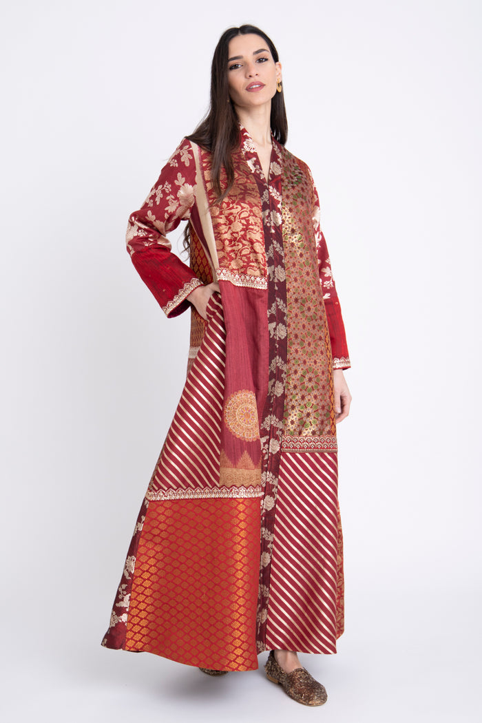 Fayrouz Silk Patchwork Burgundy Dress