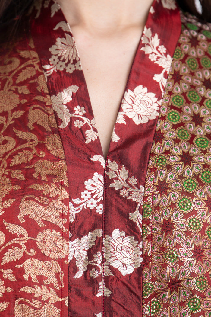 Fayrouz Silk Patchwork Burgundy Dress
