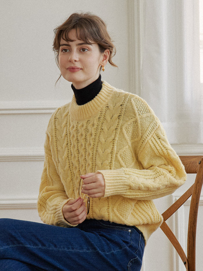 【Final Sale】Raina Cable Yellow Irish Knit Wool Sweater