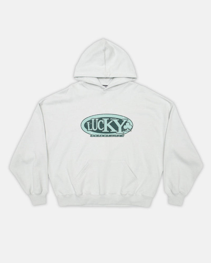 FORTUNE HOODIE PALE GREY - pale grey graphic print hoodie, front view - Cold Culture