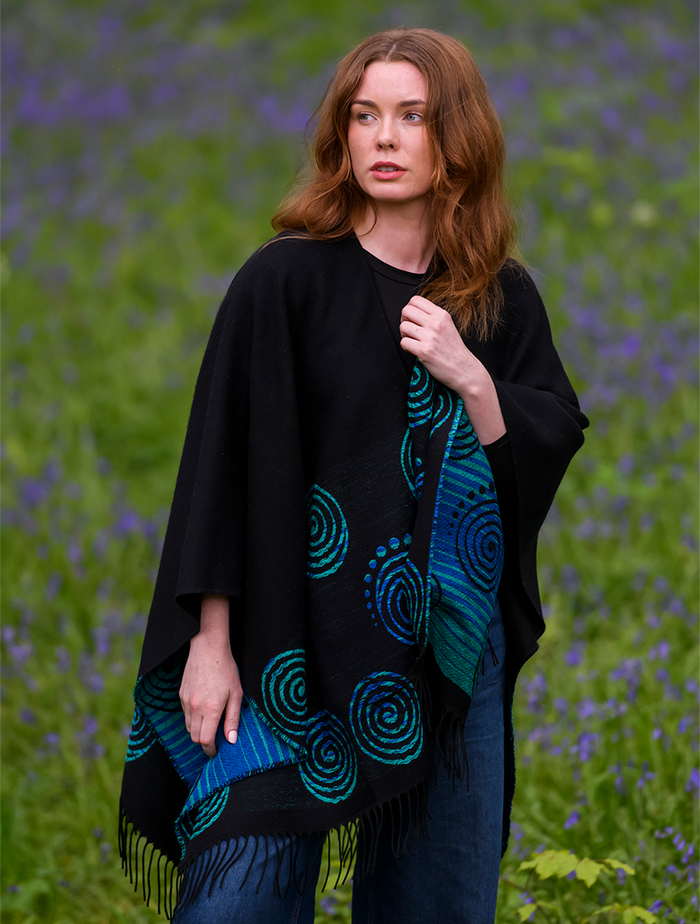 Fringed Celtic Spiral Shawl - Black & Turquoise #color_black-turquoise