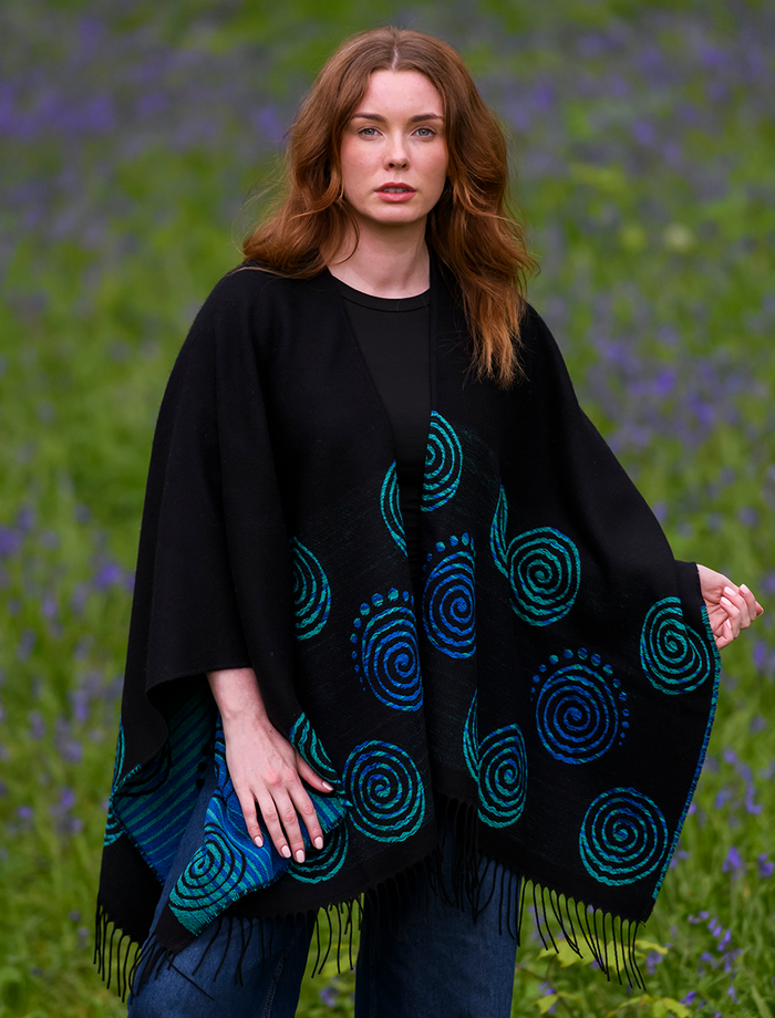 Fringed Celtic Spiral Shawl - Black & Turquoise #color_black-turquoise