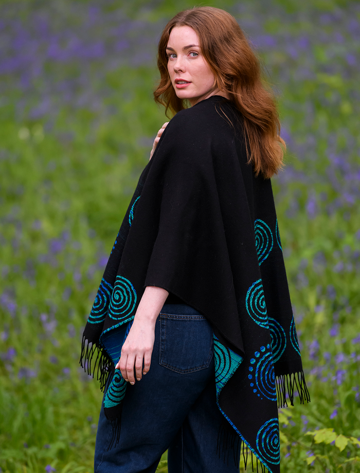 Fringed Celtic Spiral Shawl - Black & Turquoise #color_black-turquoise