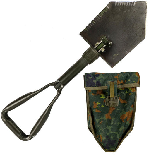 German Tri-Fold Shovel & Flecktarn Cover - German Army Surplus - Entrenching Tools