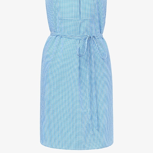 packshot image of the Gigi Dress—Gingham Seersucker in Capri Blue / White | Still | Exclude