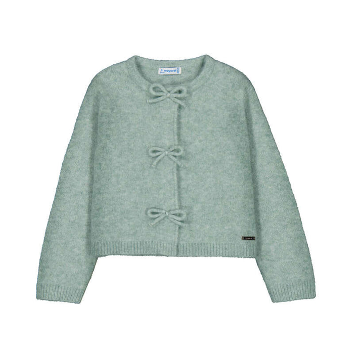 Girl Knit Cardigan with Bows - Seafoam Green