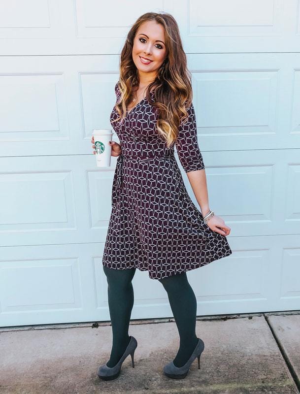 black patterned dress with gray opaque tights