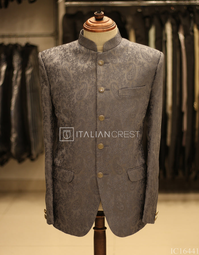 Grey Jacquard Jodhpuri Suit