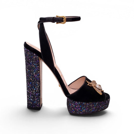 GUCCI BLACK SUEDE PLATFORM HEELS WITH BEE EMBLEM AND GLITTER DETAILS - SIZE 38.5