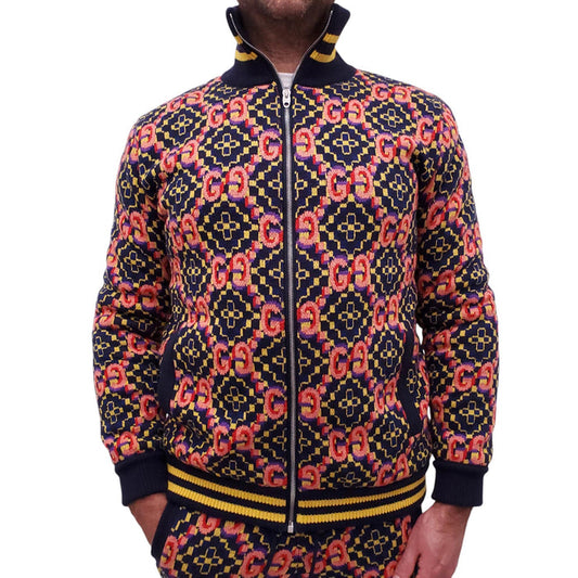 GUCCI GG PSYCHEDELIC-JACQUARD KNIT WOOL JACKET WITH SHEARLING INTERIOR - MEN'S SIZE M