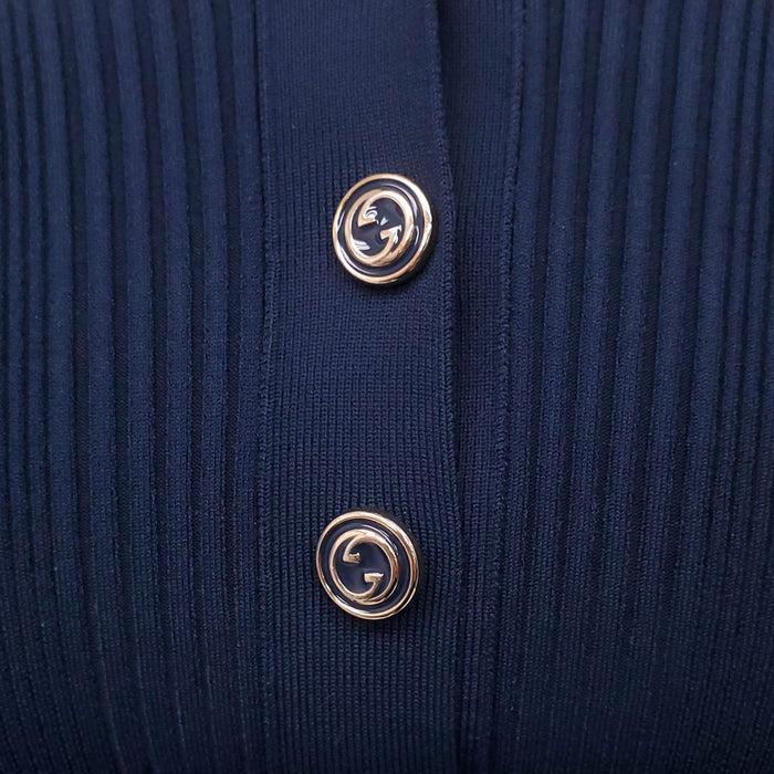 GUCCI NAVY STRIPED LONG SLEEVE POLO WITH LOGO BUTTONS - SIZE XS