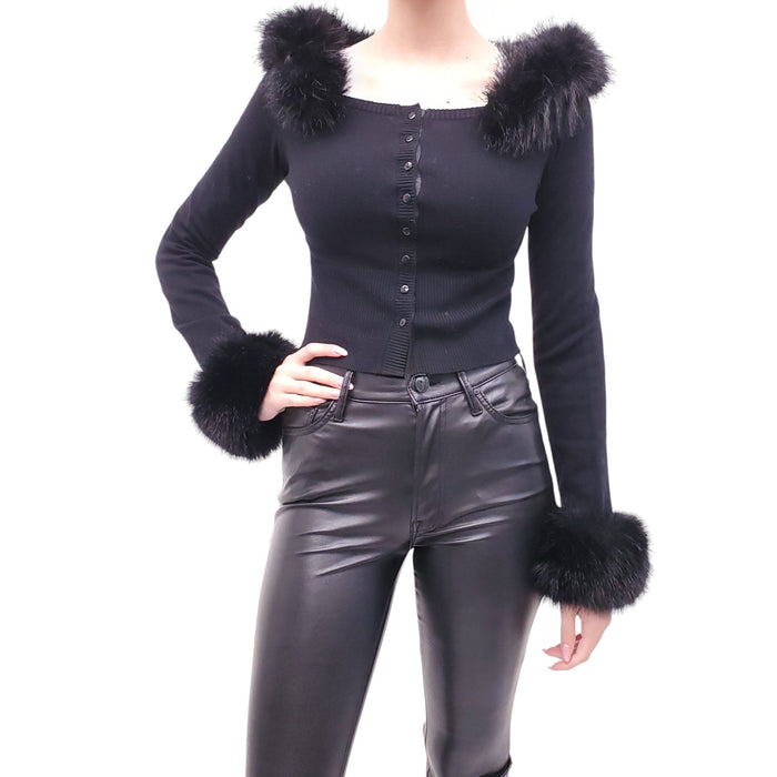GUIZIO BLACK CROPPED FAUX FUR CARDIGAN - SIZE L