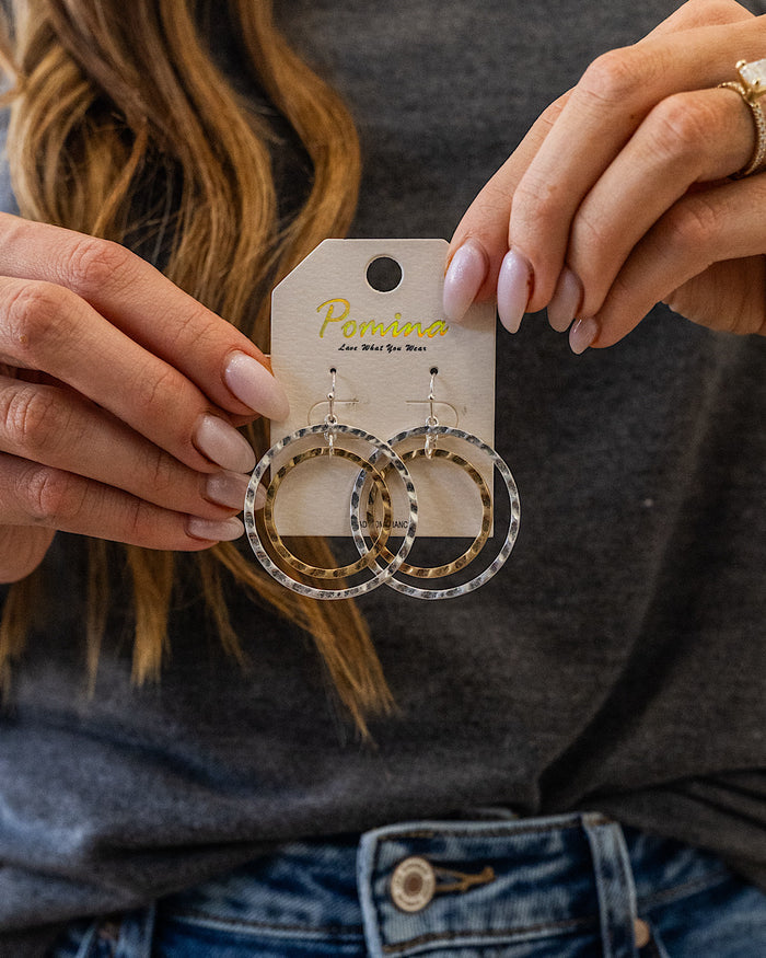 Hammered Double Circle Dangle Earrings - Silver & Gold Trendy Wholesale