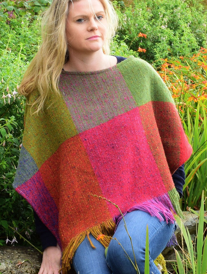 Handwoven Ladies Tweed Fringed Poncho - Carnival #color_carnival