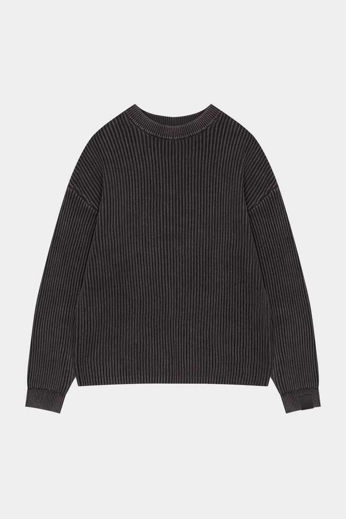 HEAVY WASHED RIBBED KNIT CREW - BROWN