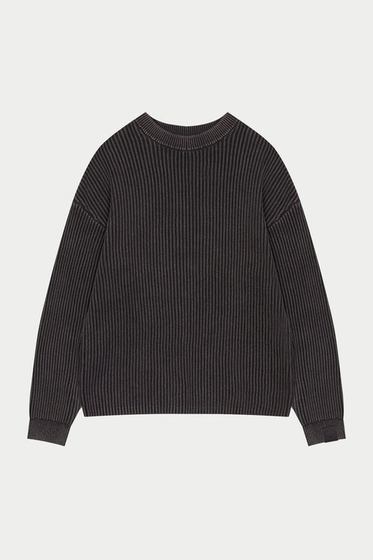 HEAVY WASHED RIBBED KNIT CREW - BROWN