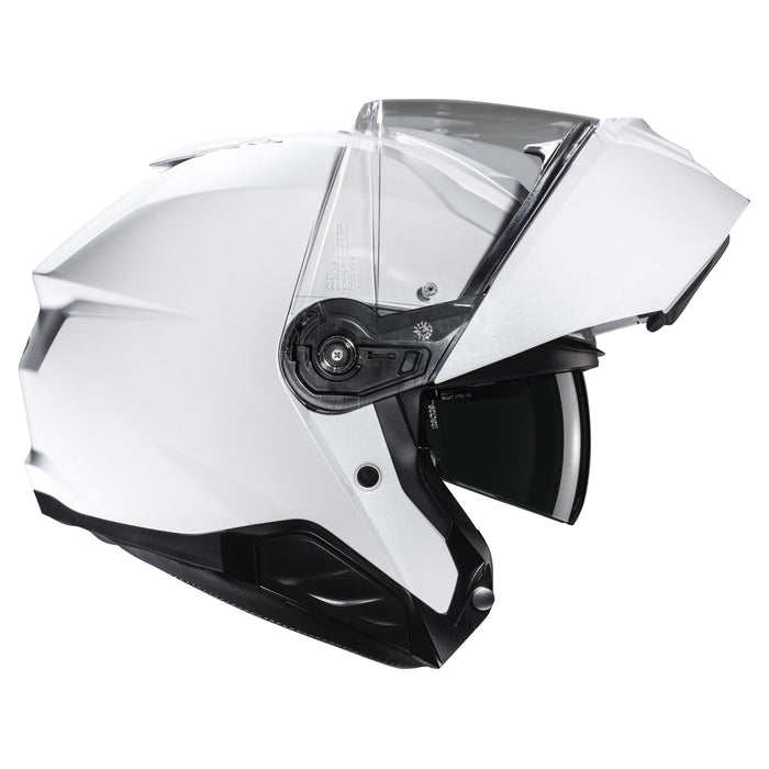 HJC i91 White helmet with modular chin bar raised