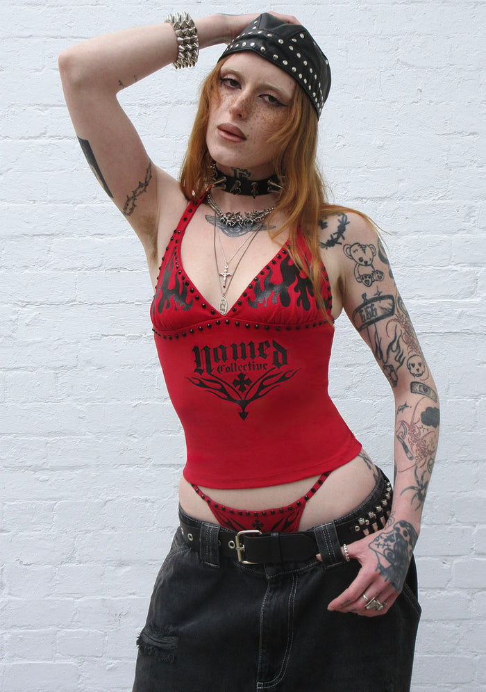 IGNITE RHINESTONE HALTERNECK CAMI TOP RED