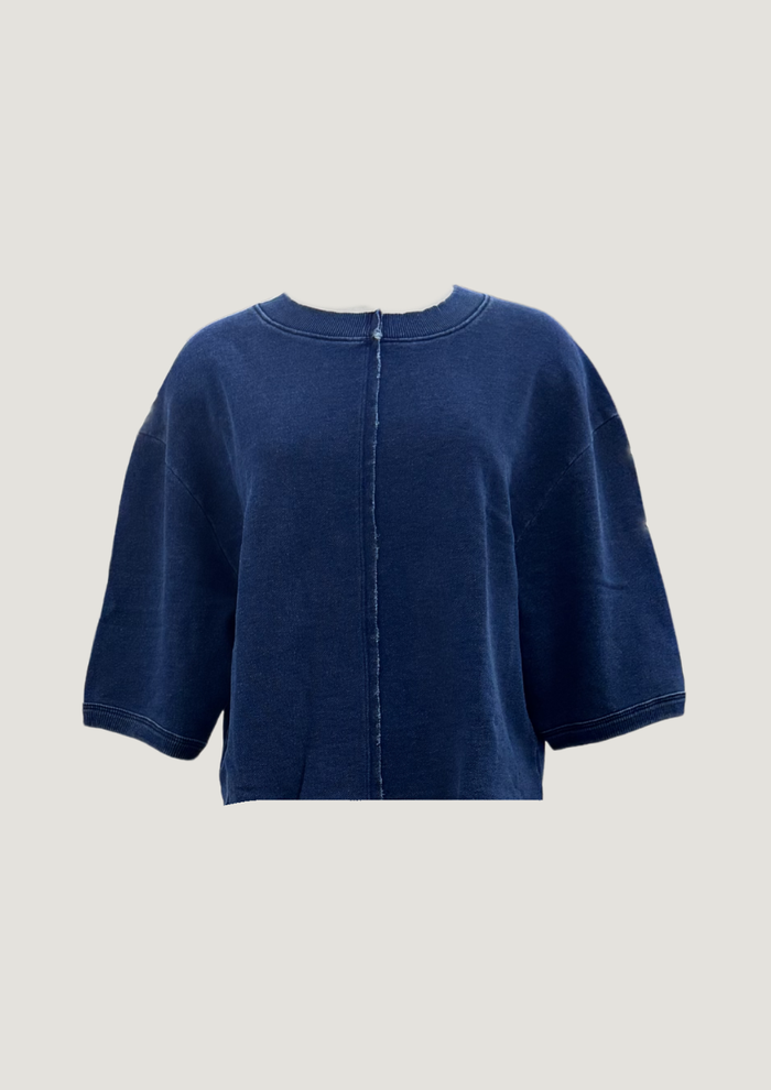 Front view of Indigo Terry Rework Tee in medium wash on model
