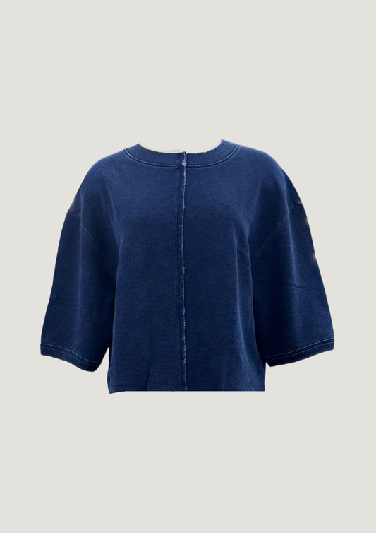 Front view of Indigo Terry Rework Tee in medium wash on model
