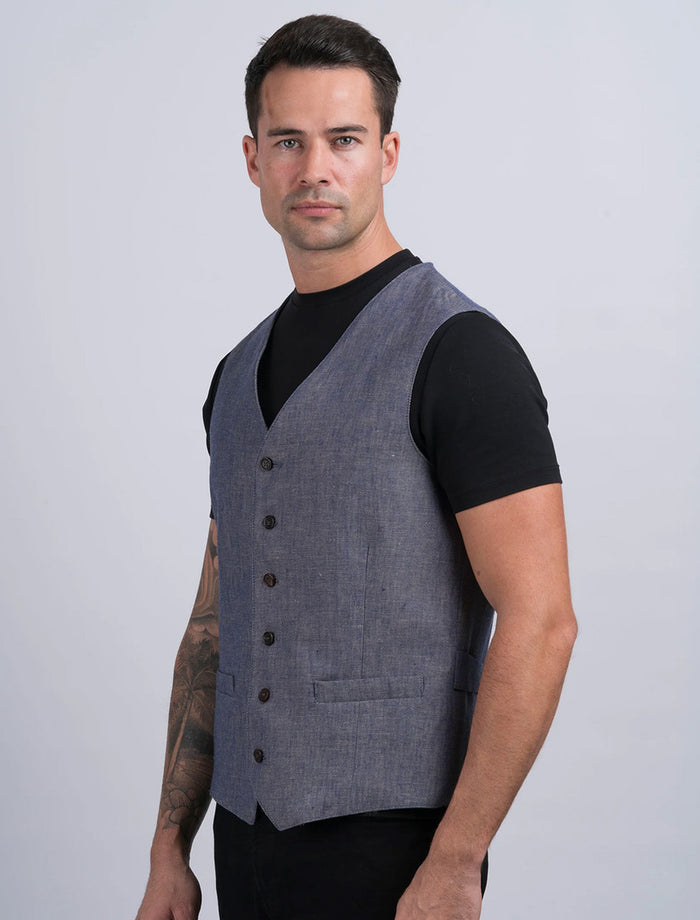Irish Denim Blue Linen Waistcoat