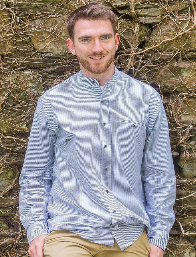 Irish Linen Grandfather Shirt - Navy & White Stripe #color_navy-white-stripe