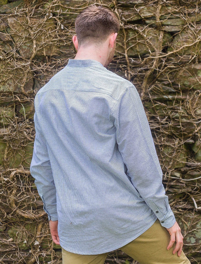 Irish Linen Grandfather Shirt - Navy & White Stripe #color_navy-white-stripe