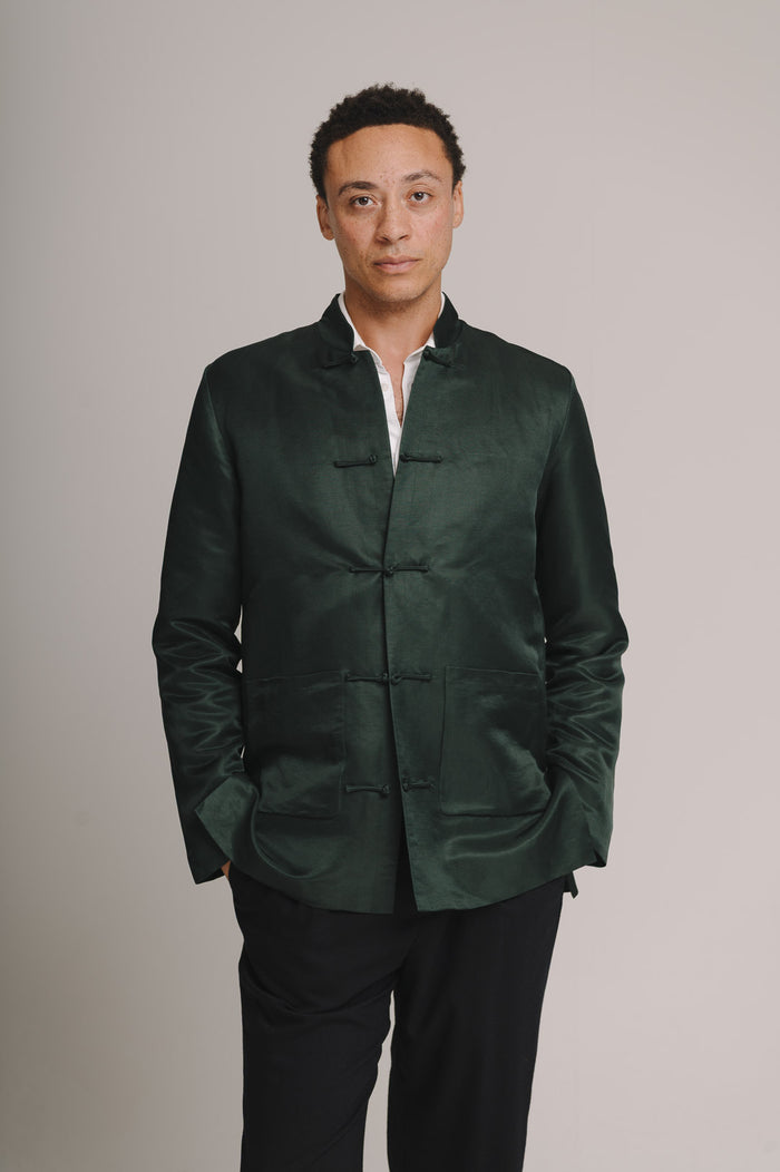 Ivy Green Silk Linen Mandarin Jacket, Mandarin Jacket - SIRPLUS