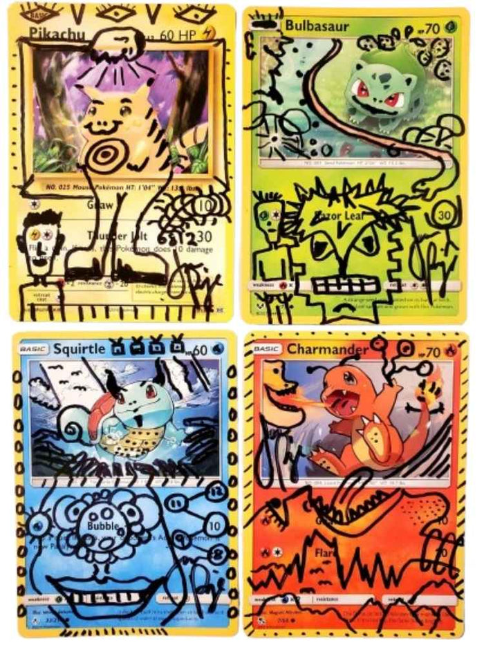 Four trading cards featuring stylized versions of Pikachu, Bulbasaur, Squirtle, and Charmander with artistic designs.