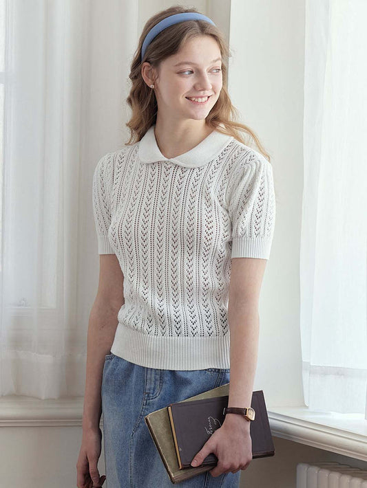 Kamryn Small Lapel Hollow Short Sleeve Knit Top