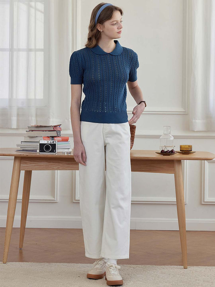 Kamryn Small Lapel Hollow Short Sleeve Knit Top