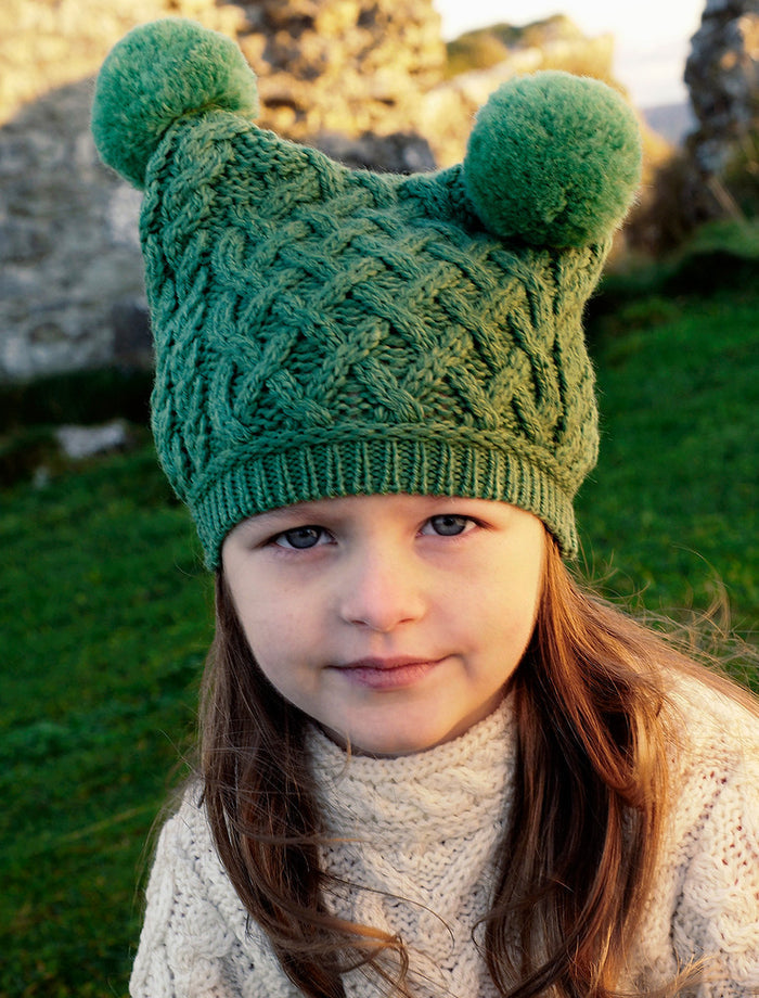 Kids Merino Aran Trellis Pom Pom Hat - #color_green-marl