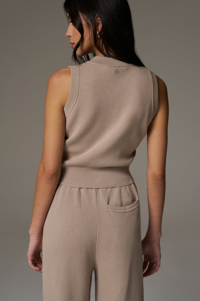 KNIT BUTTON THROUGH TOP - BEIGE