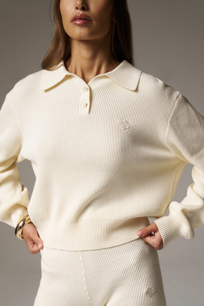 KNITTED BUTTON THROUGH POLO - BUTTERMILK