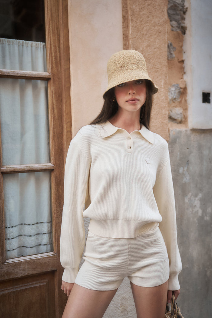 KNITTED BUTTON THROUGH POLO - BUTTERMILK