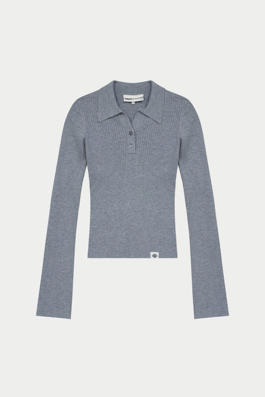 KNITTED RIBBED BUTTON THROUGH TOP - GREY MARL