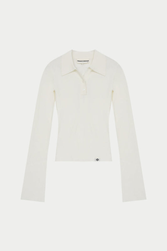 KNITTED RIBBED BUTTON THROUGH TOP - OFF WHITE