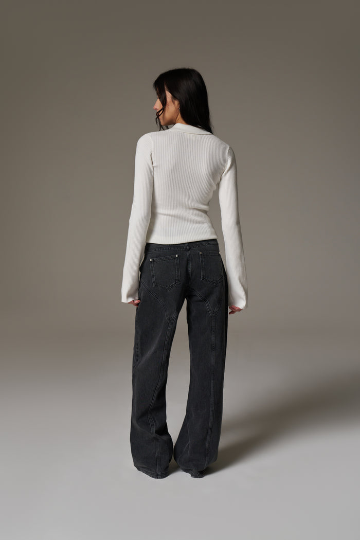 KNITTED RIBBED BUTTON THROUGH TOP - OFF WHITE