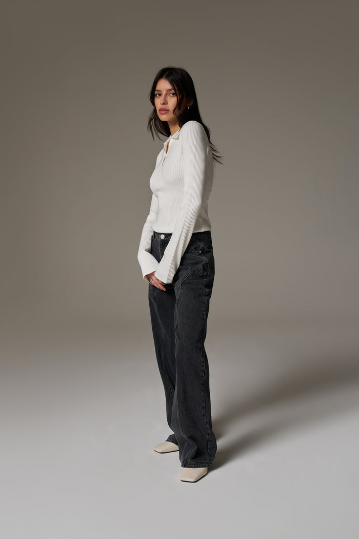 KNITTED RIBBED BUTTON THROUGH TOP - OFF WHITE