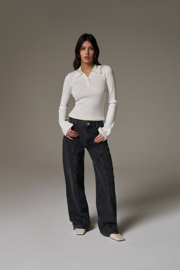 KNITTED RIBBED BUTTON THROUGH TOP - OFF WHITE