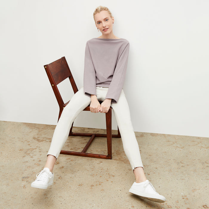 Front image of a woman wearing the Kristin Pullover - French Terry in Wisteria | Lead