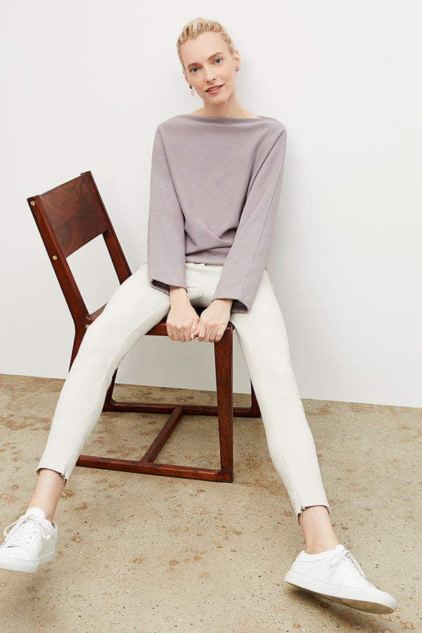 Front image of a woman wearing the Kristin Pullover - French Terry in Wisteria | Grid | Exclude