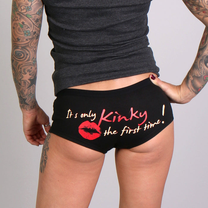 Ladies Biker Shorts Kinky: These comfortable boy shorts in the color black features a bright red kiss mark and the text "ITS