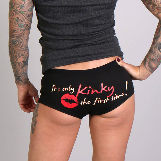 Ladies Biker Shorts Kinky: These comfortable boy shorts in the color black features a bright red kiss mark and the text "ITS