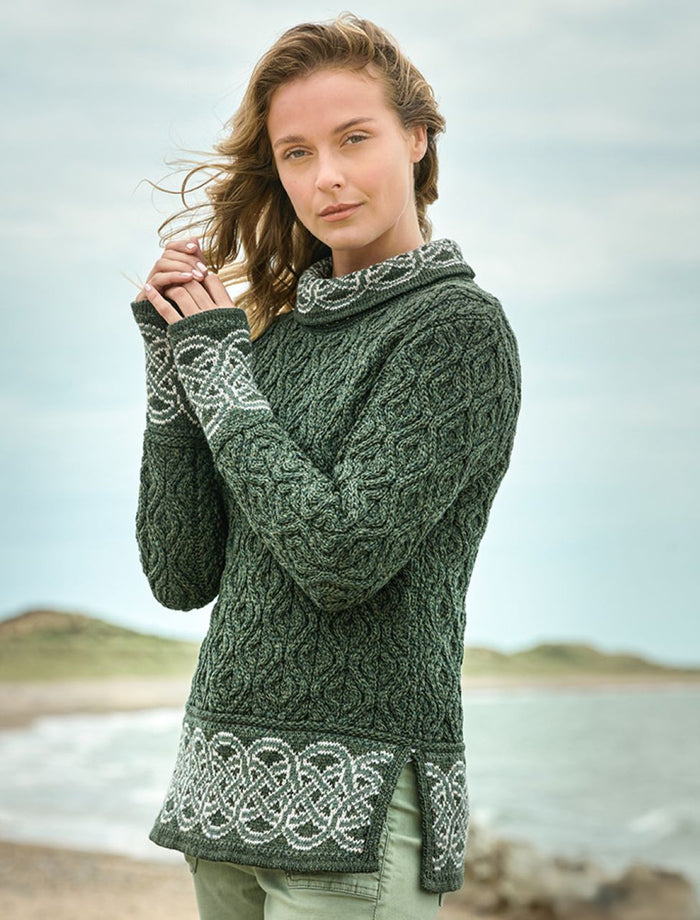 Ladies Celtic Jacquard Aran Sweater - Green #color_green