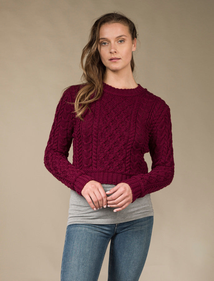Ladies Cropped Aran Sweater – Claret #color_claret