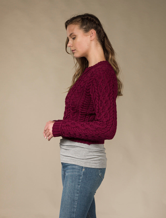 Ladies Cropped Aran Sweater – Claret #color_claret