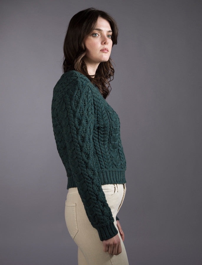 Ladies Cropped Aran Sweater – Evergreen #color_evergreen