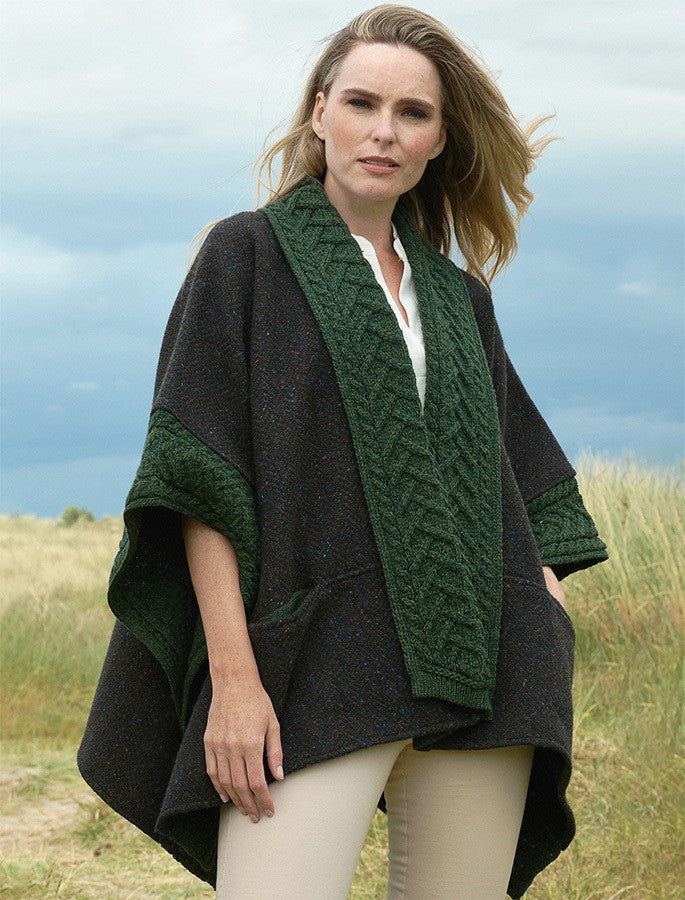 Ladies Donegal Tweed & Merino Wool Cape - Army Green #color_army-green