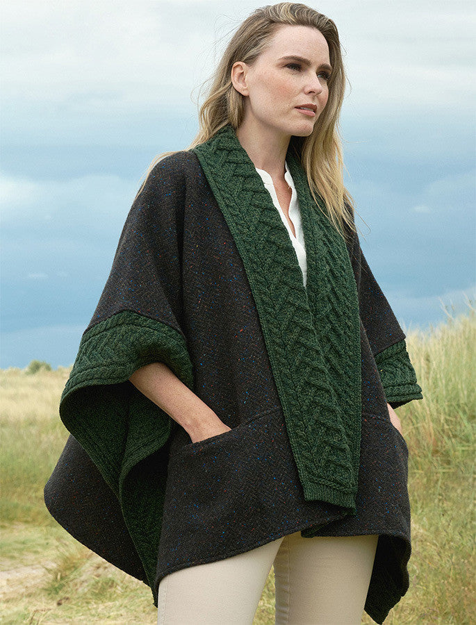 Ladies Donegal Tweed & Merino Wool Cape - Army Green #color_army-green